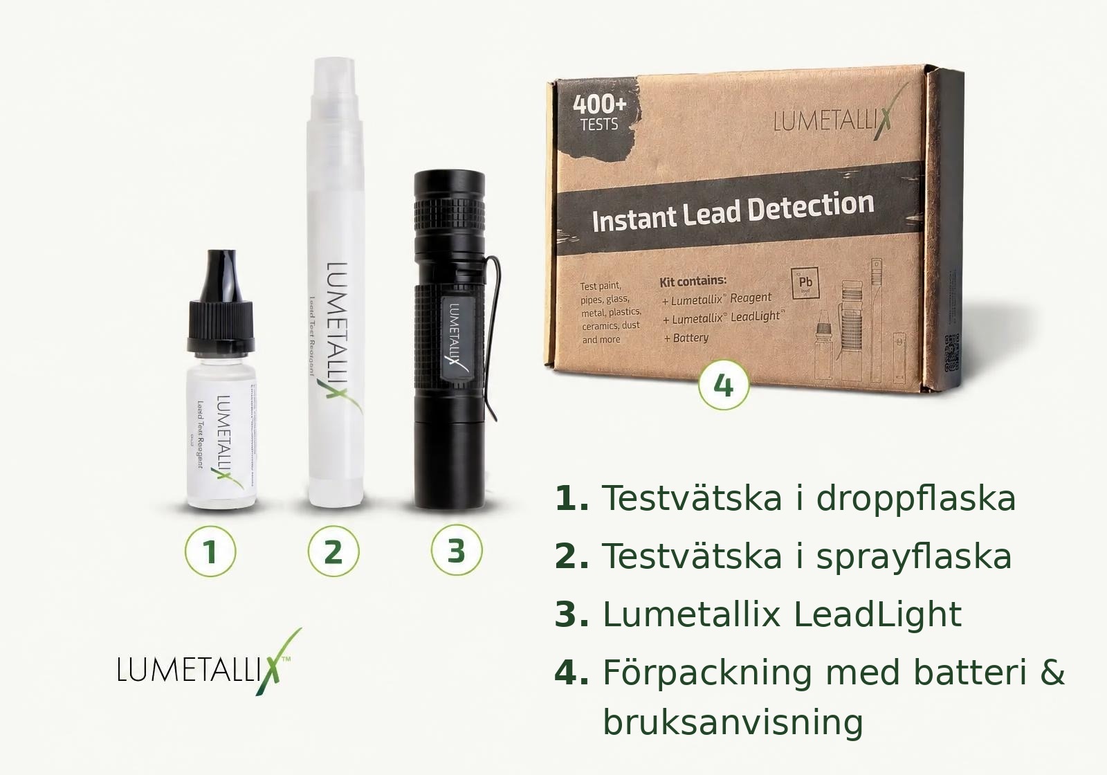 Lumetallix blytestsats: droppflaska, sprayflaska, LeadLight UV-lampa och förpackning med batteri och bruksanvisning